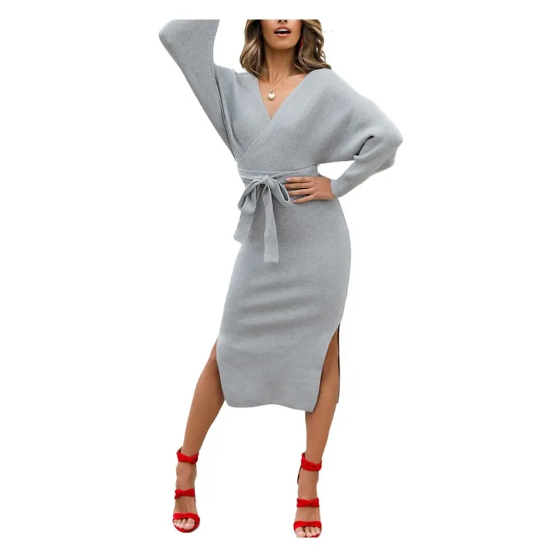 GIOIO - Vestido Punto Escote V Figura Esbelta Premium Urbano​ Gris