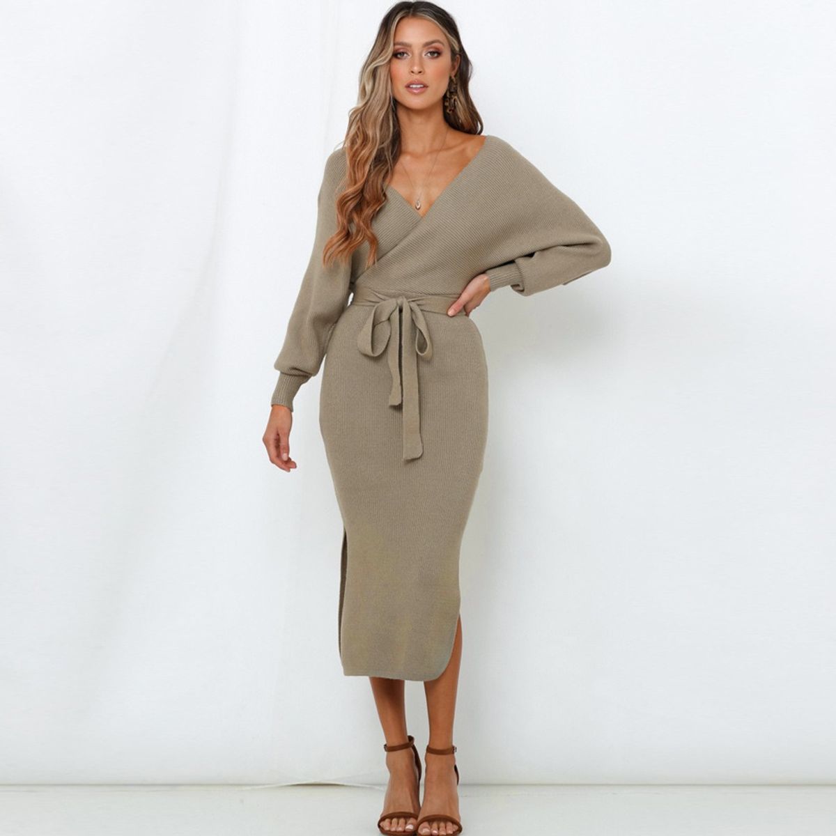 GIOIO - Vestido Punto Escote V Figura Esbelta Premium Urbano​ Marrón