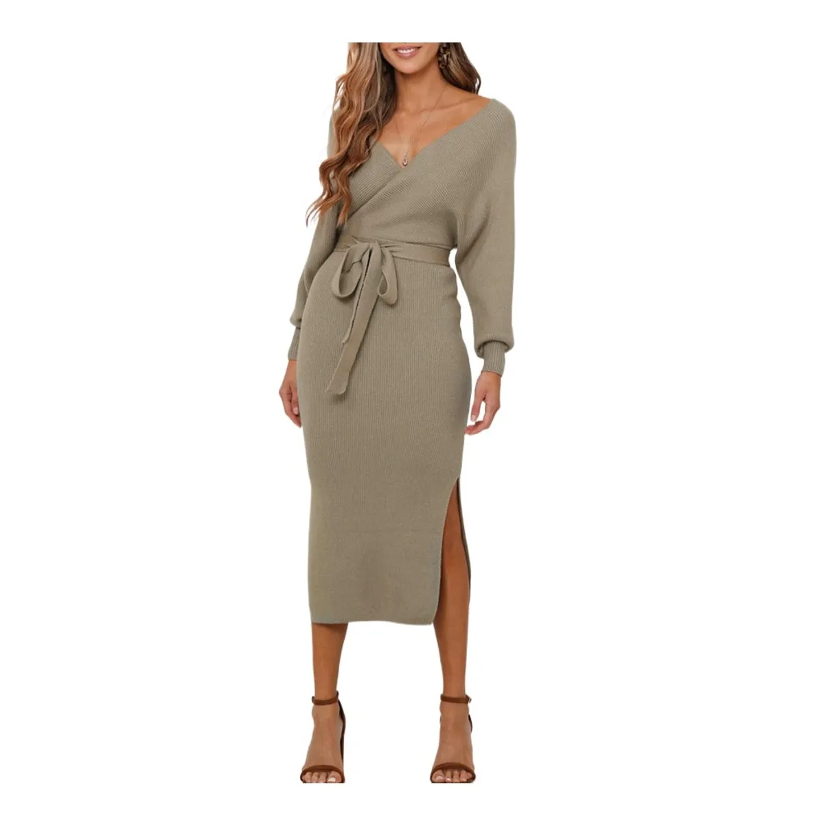 GIOIO - Vestido Punto Escote V Figura Esbelta Premium Urbano​ Marrón