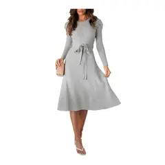 GIOIO - Vestido Punto Manga Globo Talle Alto Midilargo Figura Esbelta