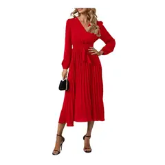GIOIO - Vestido Escote V Manga Larga Plisado Cinturón Ajustable Figura Esbelta​
