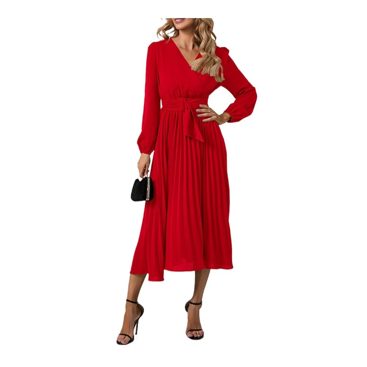 GIOIO - Vestido Escote V Manga Larga Plisado Cinturón Ajustable Figura Esbelta​