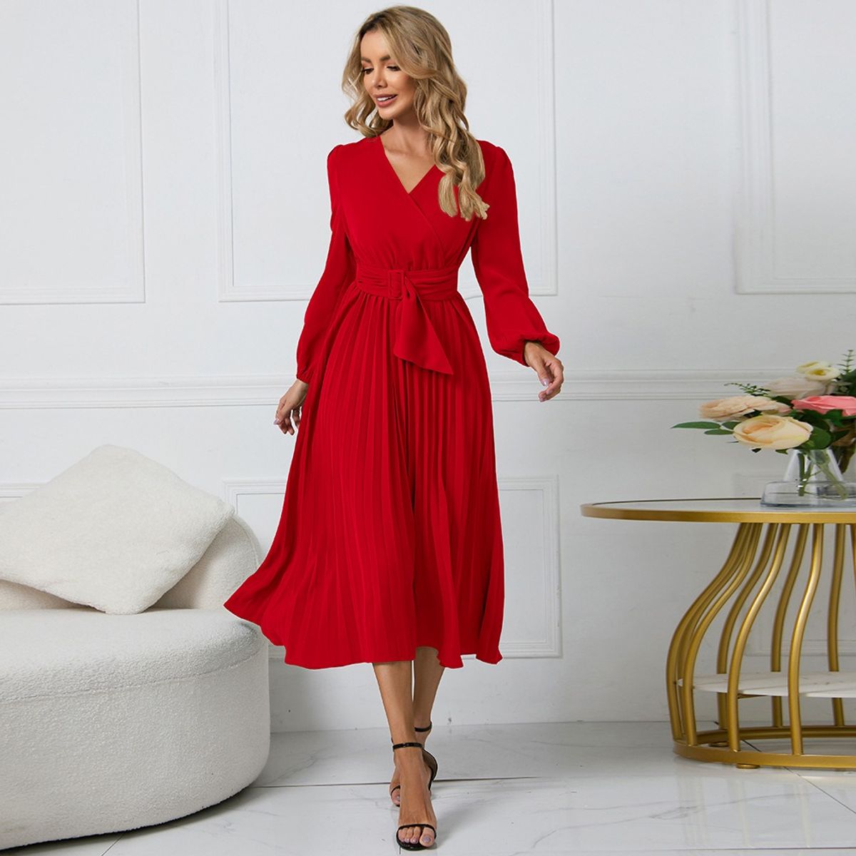 GIOIO - Vestido Escote V Manga Larga Plisado Cinturón Ajustable Figura Esbelta​