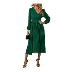 GIOIO - Vestido Escote V Manga Larga Plisado Cinturón Ajustable Figura Esbelta​