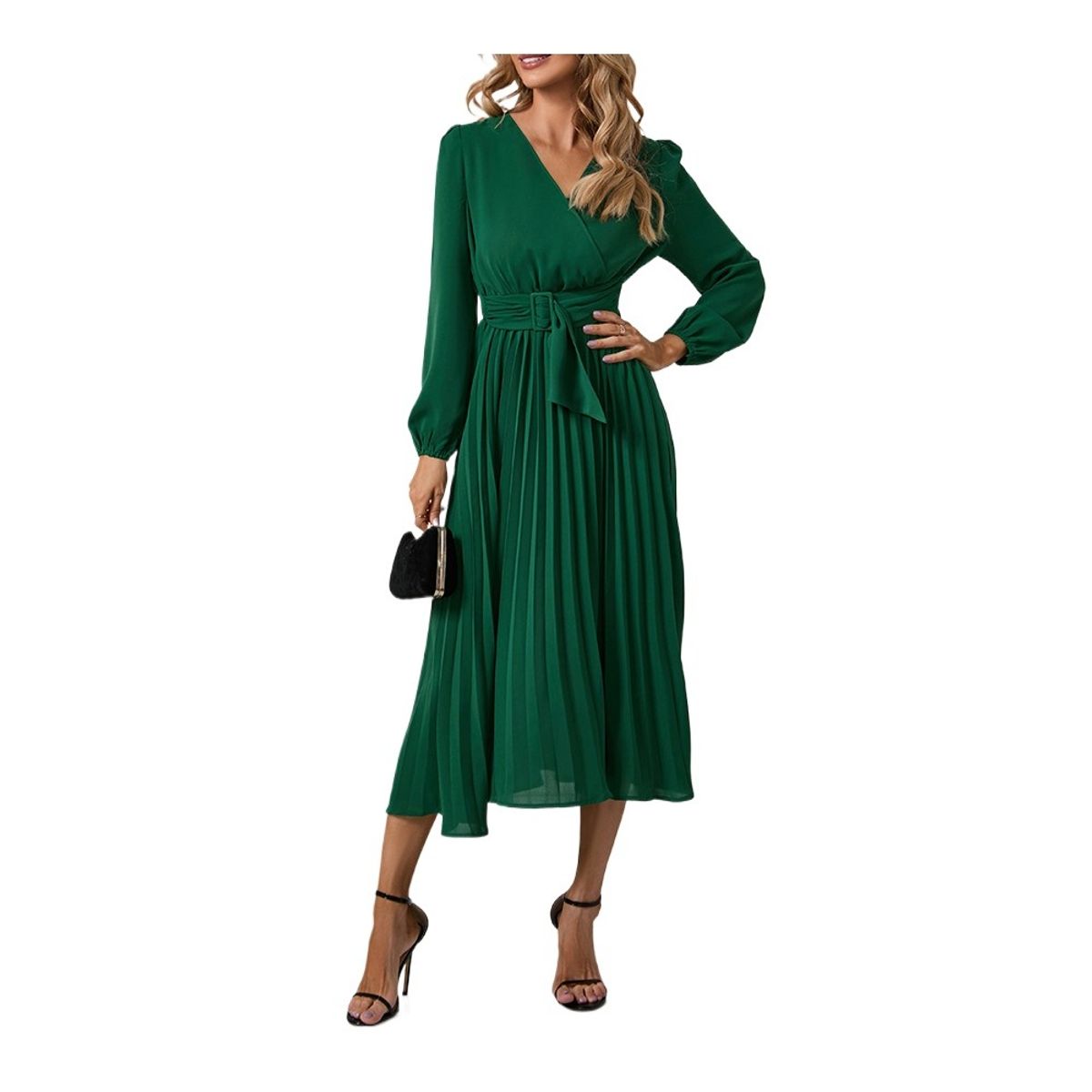 GIOIO - Vestido Escote V Manga Larga Plisado Cinturón Ajustable Figura Esbelta​