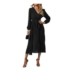 GIOIO - Vestido Escote V Manga Larga Plisado Cinturón Ajustable Figura Esbelta​