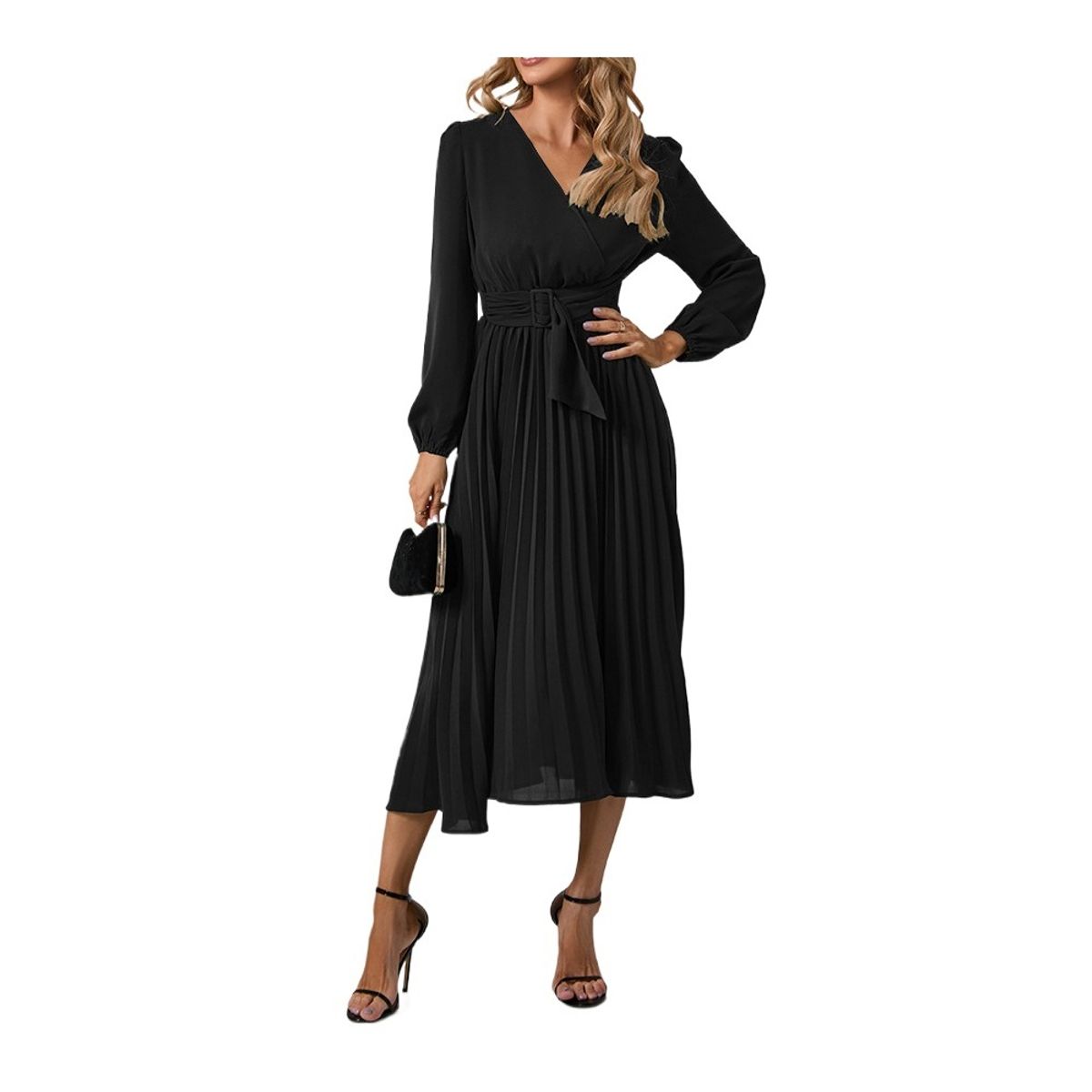 GIOIO - Vestido Escote V Manga Larga Plisado Cinturón Ajustable Figura Esbelta​