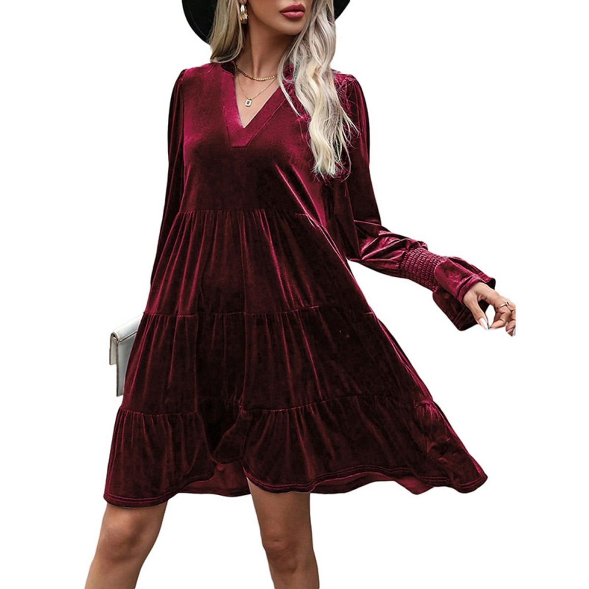 GIOIO - Vestido Terciopelo Paneles Manga Larga Figura Esbelta Urbano​ Rojo