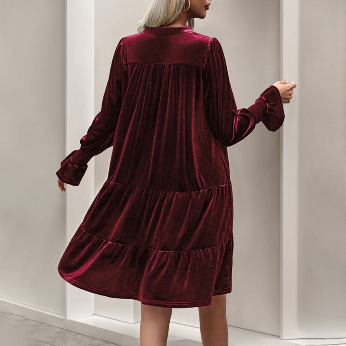 GIOIO - Vestido Terciopelo Paneles Manga Larga Figura Esbelta Urbano​ Rojo