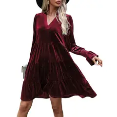 GIOIO - Vestido Terciopelo Paneles Manga Larga Figura Esbelta Urbano​ Rojo