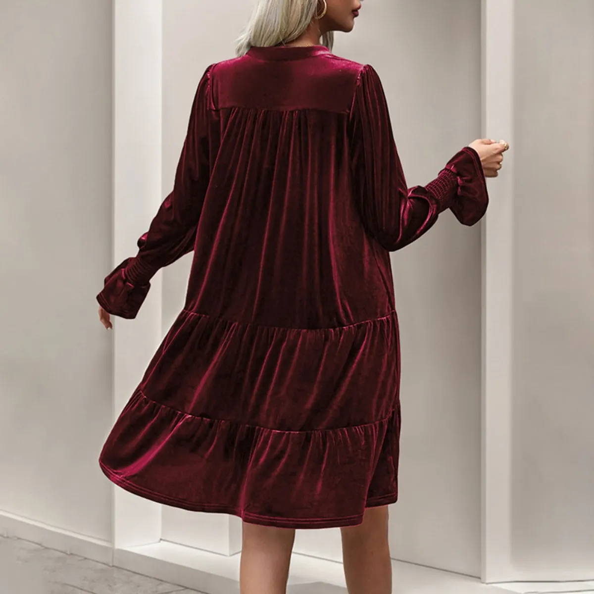 GIOIO - Vestido Terciopelo Paneles Manga Larga Figura Esbelta Urbano​ Rojo