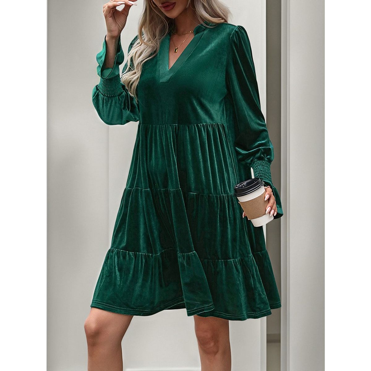 GIOIO - Vestido Terciopelo Paneles Manga Larga Figura Esbelta Urbano​ Verde