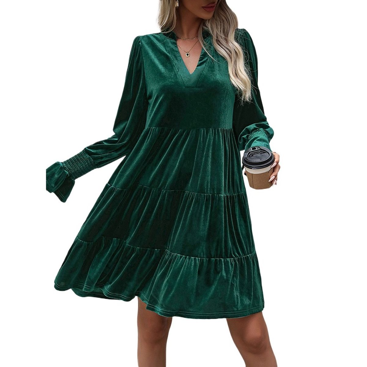 GIOIO - Vestido Terciopelo Paneles Manga Larga Figura Esbelta Urbano​ Verde