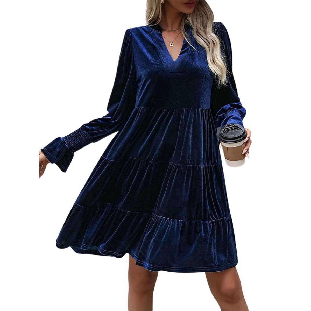 GIOIO - Vestido Terciopelo Paneles Manga Larga Figura Esbelta Urbano​ Azul