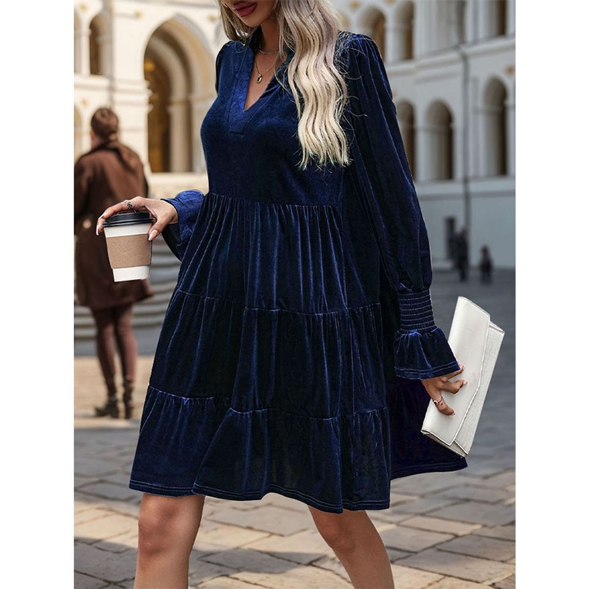 GIOIO - Vestido Terciopelo Paneles Manga Larga Figura Esbelta Urbano​ Azul