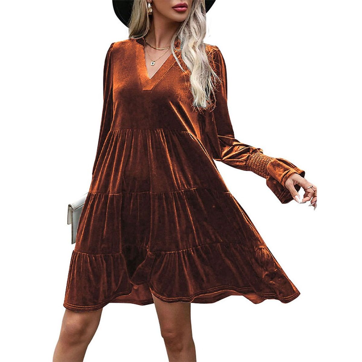 GIOIO - Vestido Terciopelo Paneles Manga Larga Figura Esbelta Urbano​ Marrón