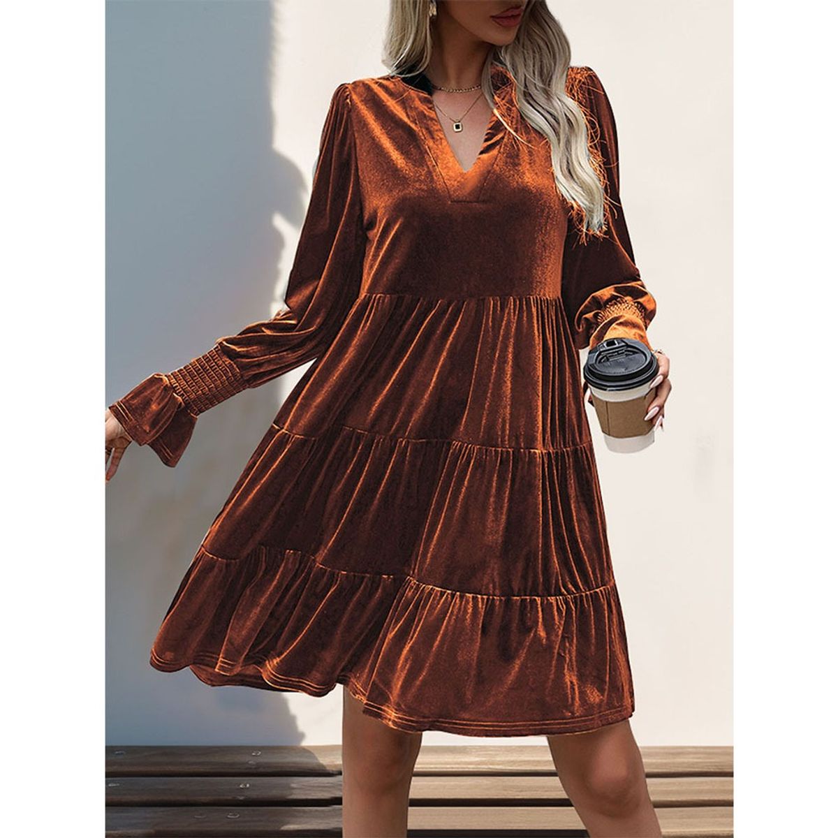 GIOIO - Vestido Terciopelo Paneles Manga Larga Figura Esbelta Urbano​ Marrón