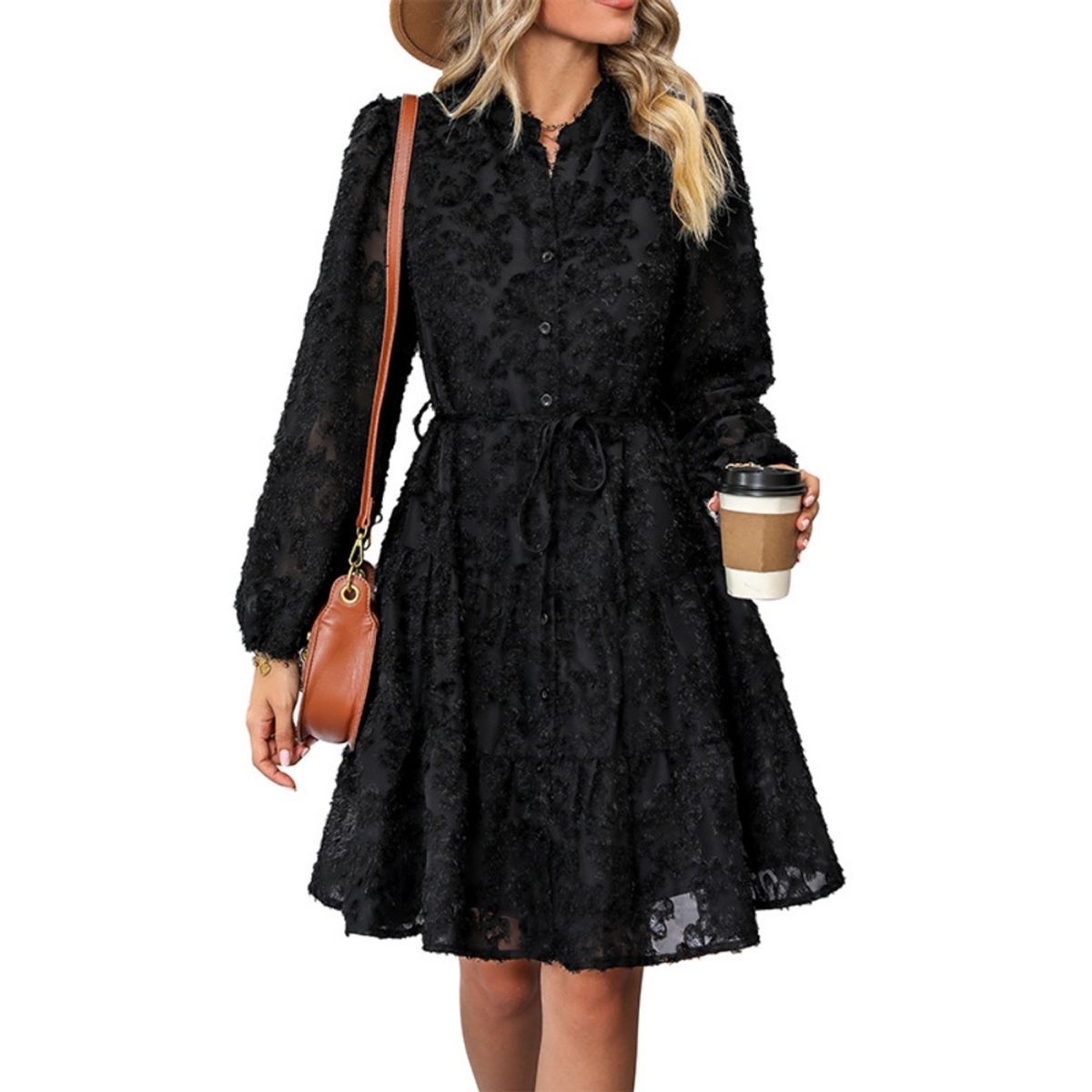 GIOIO - Vestido Encaje Elegante Retro Manga Larga Figura Esbelta ​Negro
