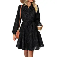 GIOIO - Vestido Encaje Elegante Retro Manga Larga Figura Esbelta ​Negro