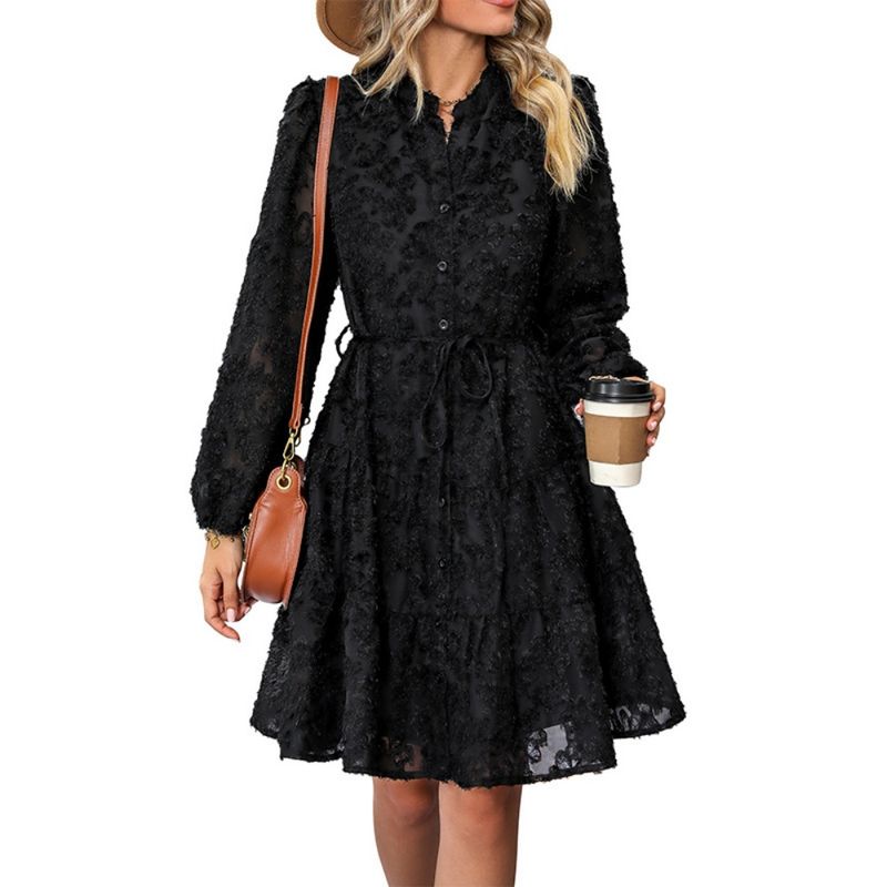 GIOIO - Vestido Encaje Elegante Retro Manga Larga Figura Esbelta ​Negro