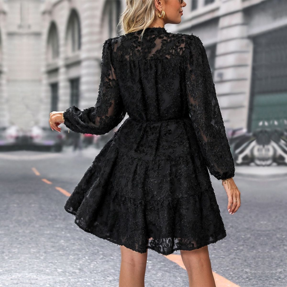 GIOIO - Vestido Encaje Elegante Retro Manga Larga Figura Esbelta ​Negro