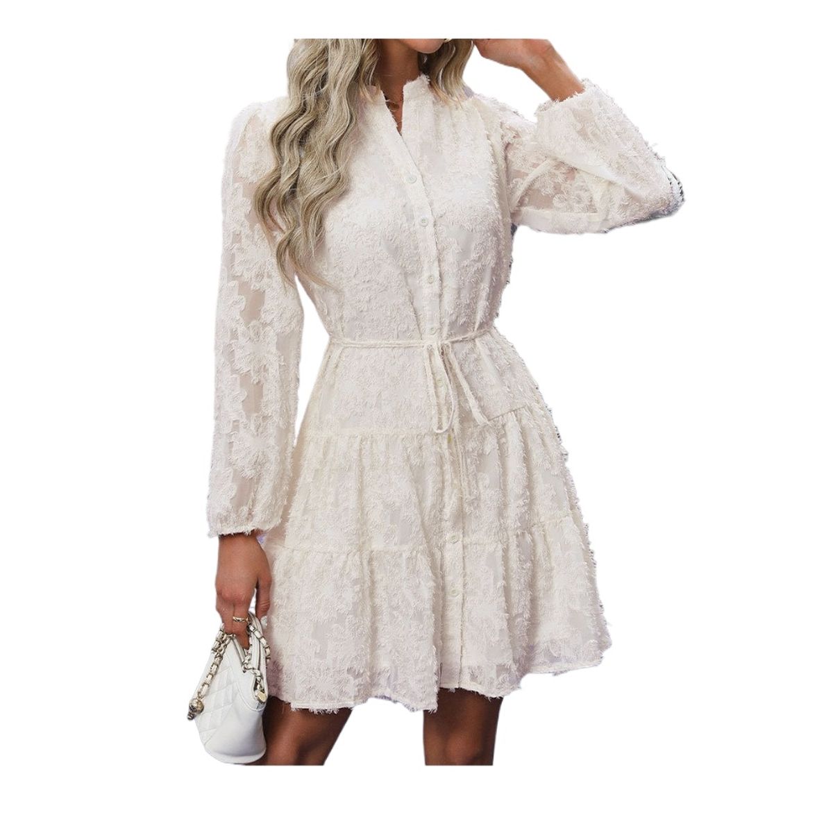 GIOIO - Vestido Encaje Elegante Retro Manga Larga Figura Esbelta ​Blanco