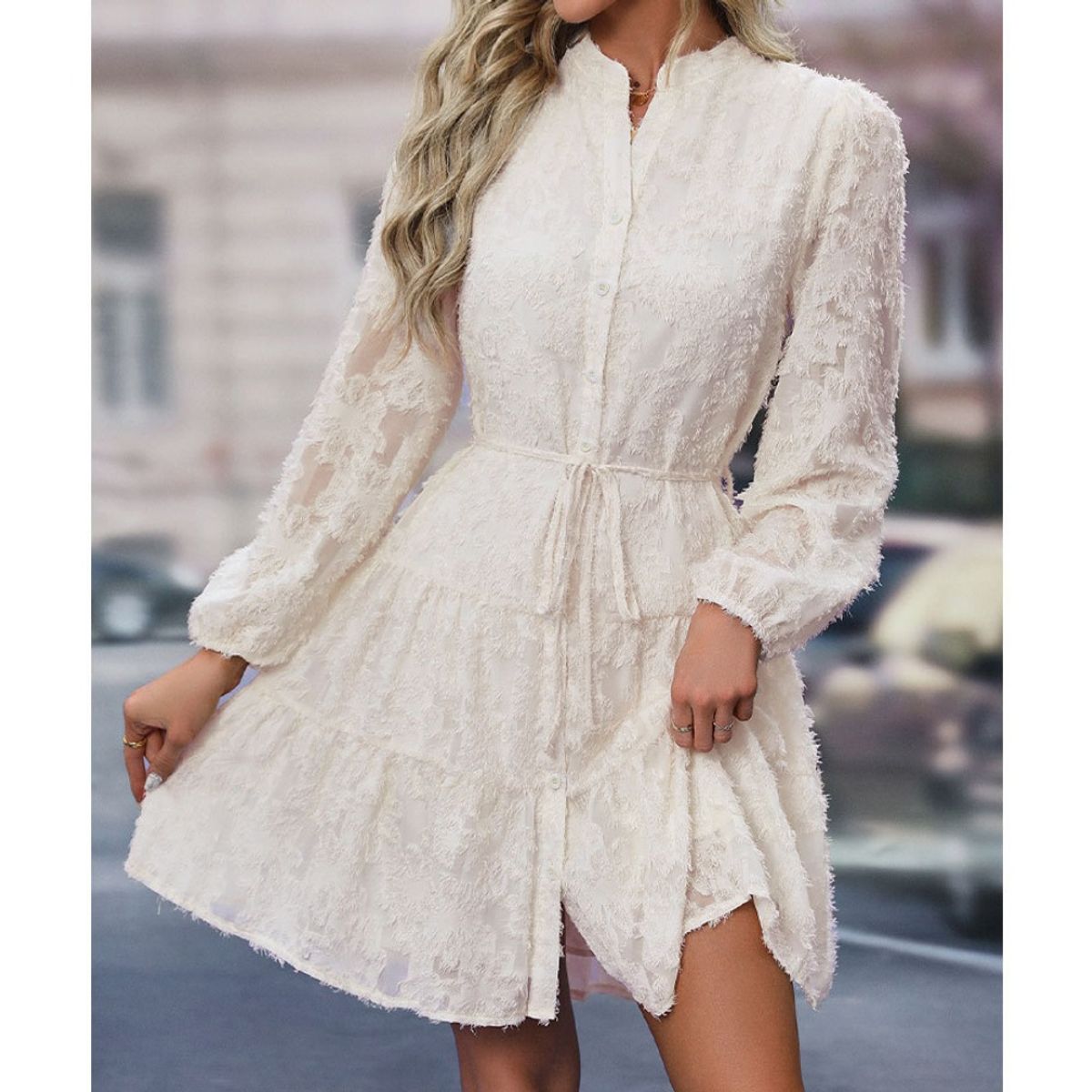 GIOIO - Vestido Encaje Elegante Retro Manga Larga Figura Esbelta ​Blanco