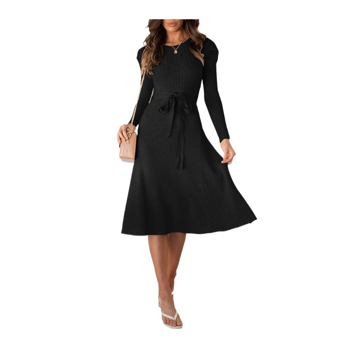 GIOIO - Vestido Punto Manga Globo Talle Alto Midilargo Figura Esbelta Voluminoso​