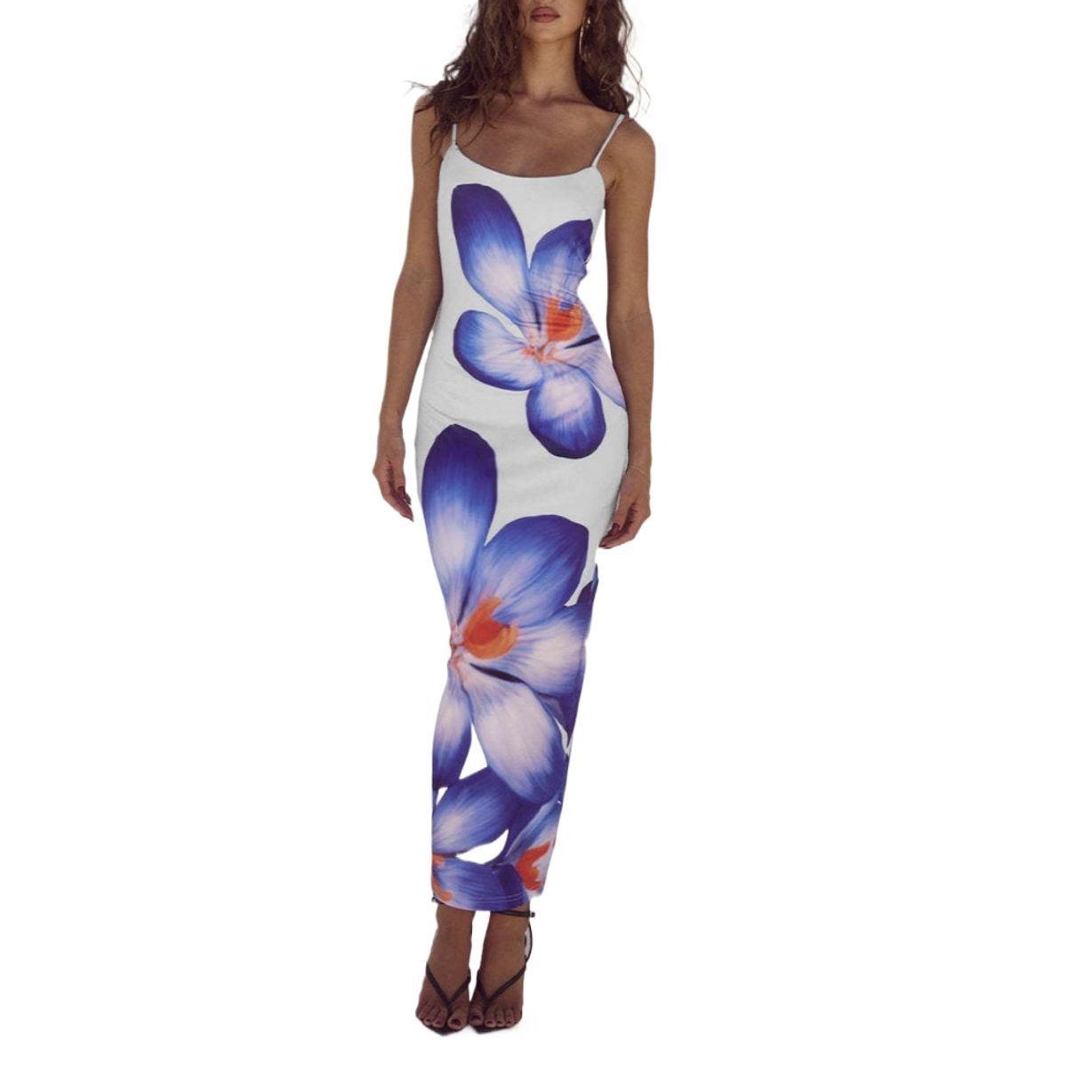 GIOIO - Vestido Floral Tirantes Finos Figura Esbelta Largo Elegante​ Blanco