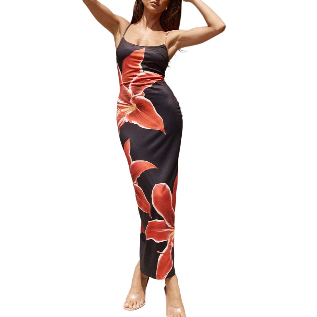 GIOIO - Vestido Floral Tirantes Finos Figura Esbelta Largo Elegante​ Negro