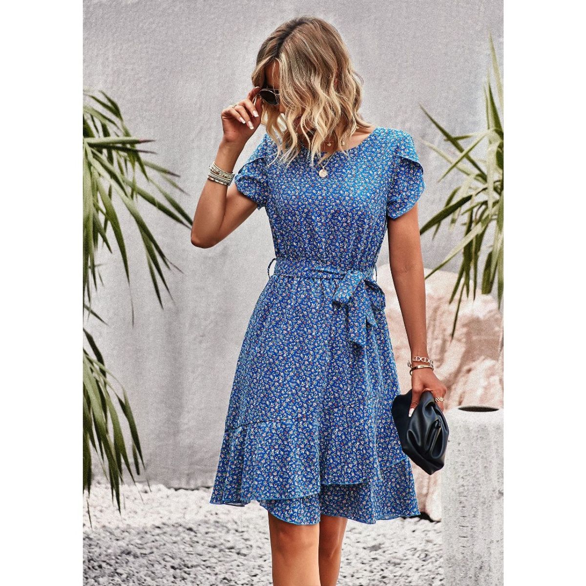 GIOIO - Vestido Elegante Cuello Redondo Lazos Ajustables Casual Figura Esbelta