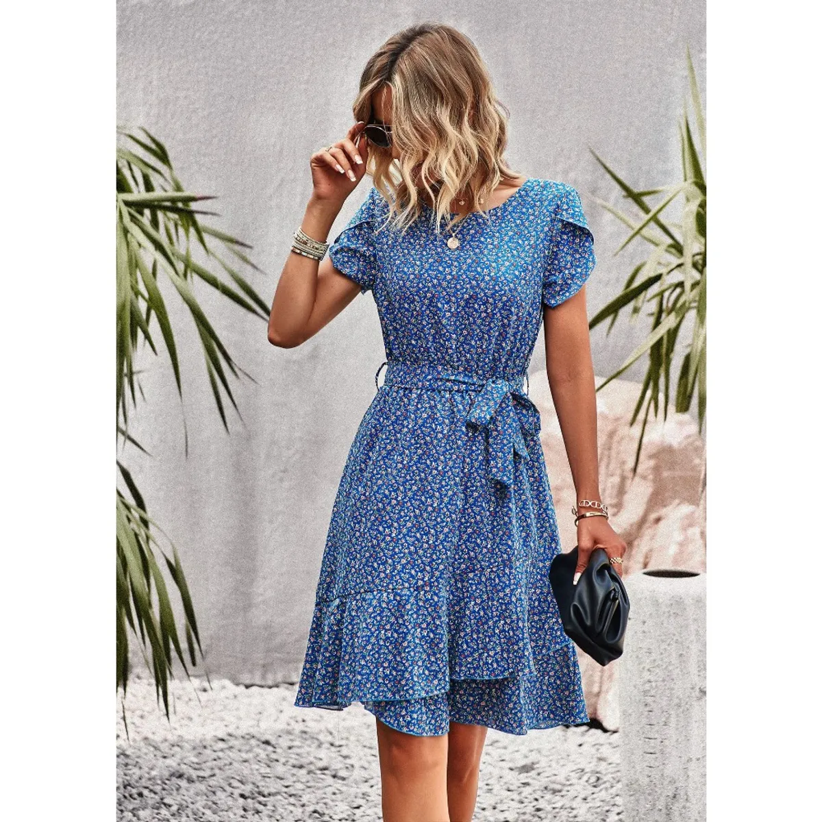 GIOIO - Vestido Elegante Cuello Redondo Lazos Ajustables Casual Figura Esbelta