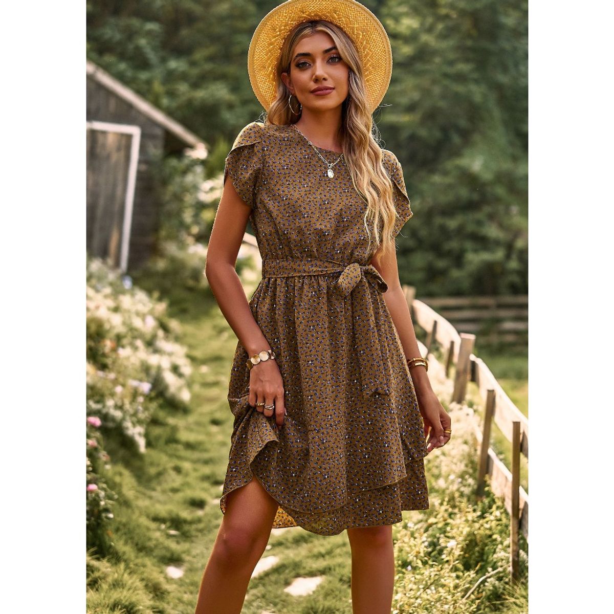 GIOIO - Vestido Elegante Cuello Redondo Lazos Ajustables Casual Figura Esbelta