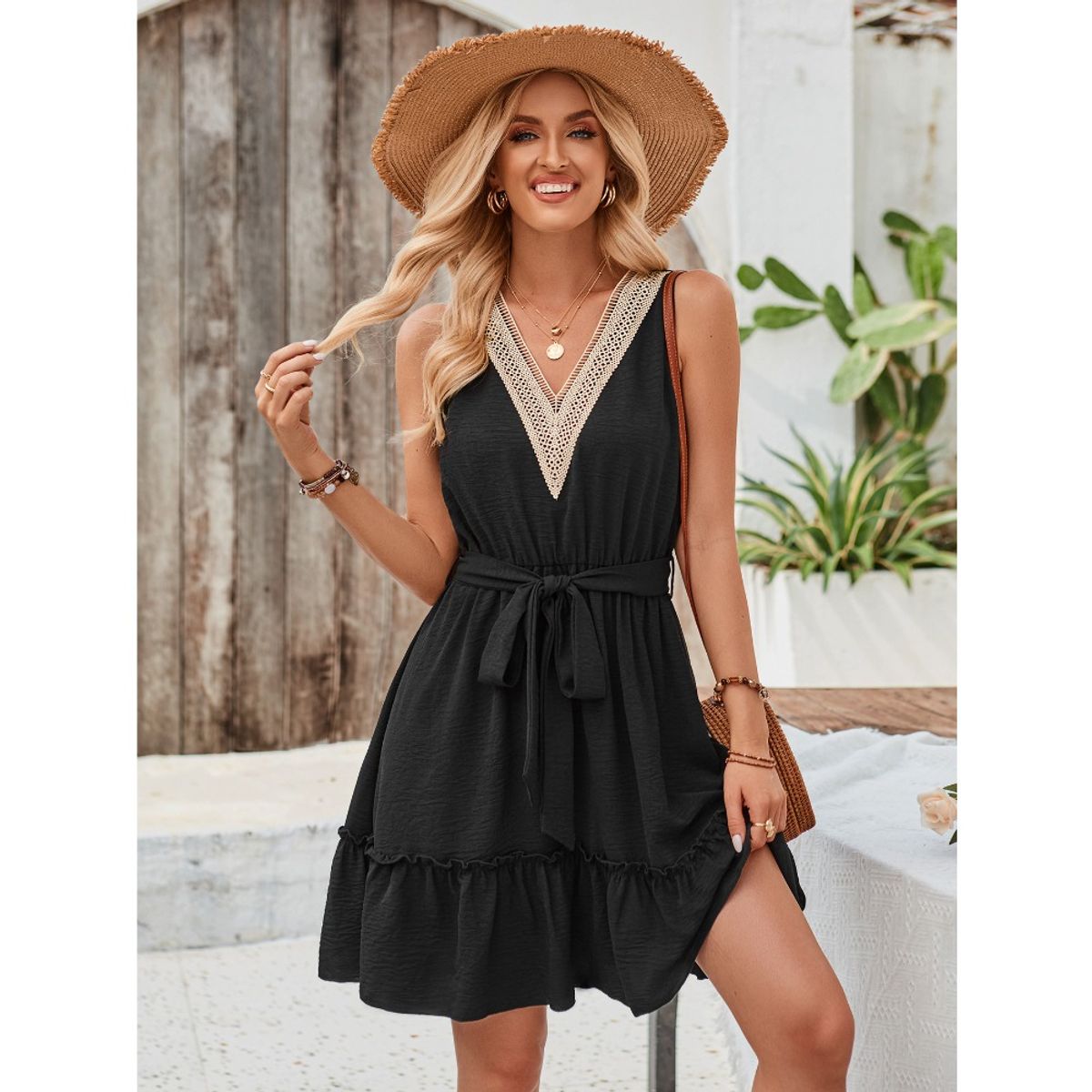 GIOIO - Vestido Liso Escote V Sin Mangas Encaje Cintura Ajustada Fresco Urbano​
