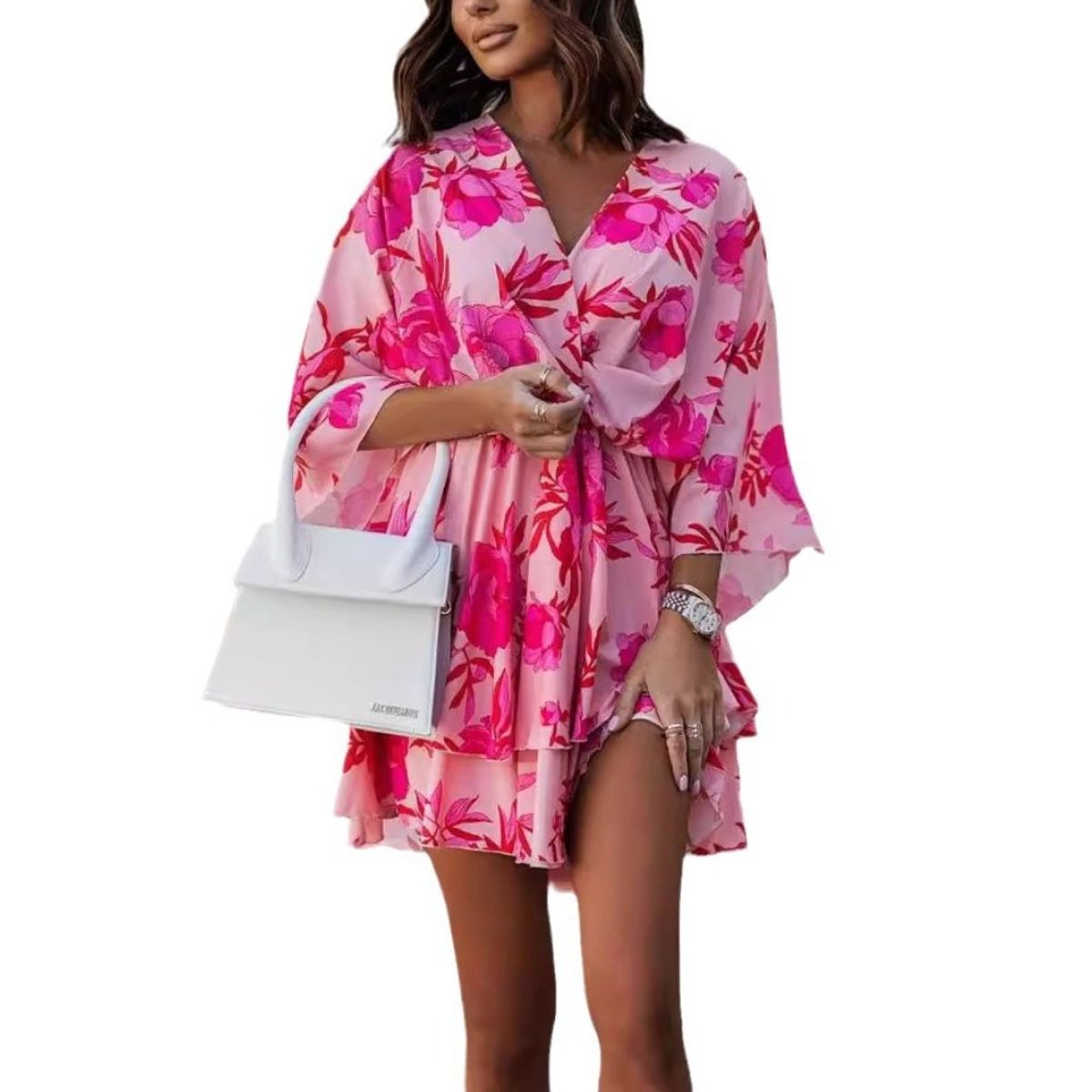 GIOIO - Vestido Corto Estampado Escote V Manga Murciélago Cintura Ajustada​