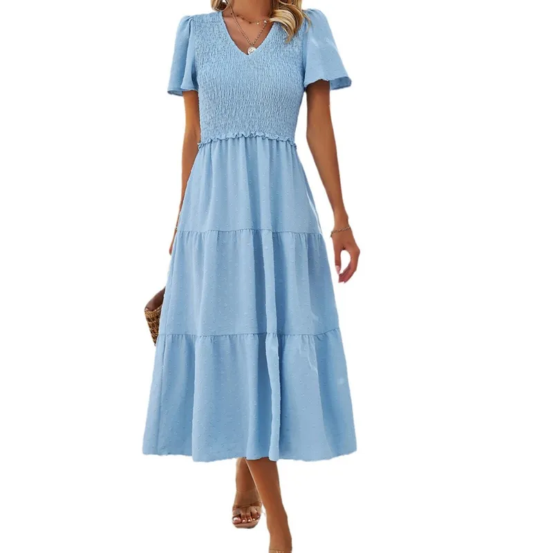 GIOIO - Vestido Lunares Escote V Manga Corta Casual Elegante Figura Esbelta​