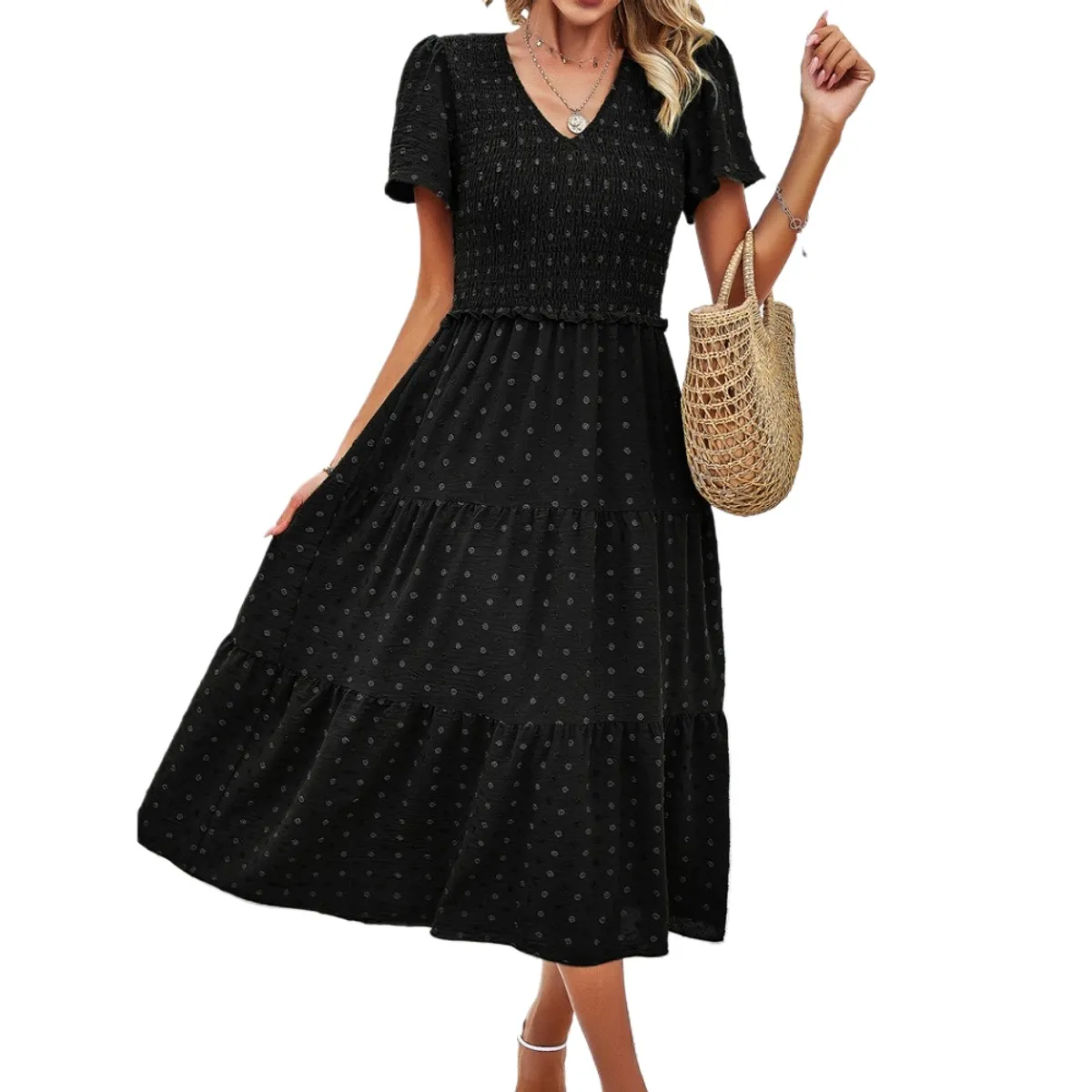GIOIO - Vestido Lunares Escote V Manga Corta Casual Elegante Figura Esbelta​