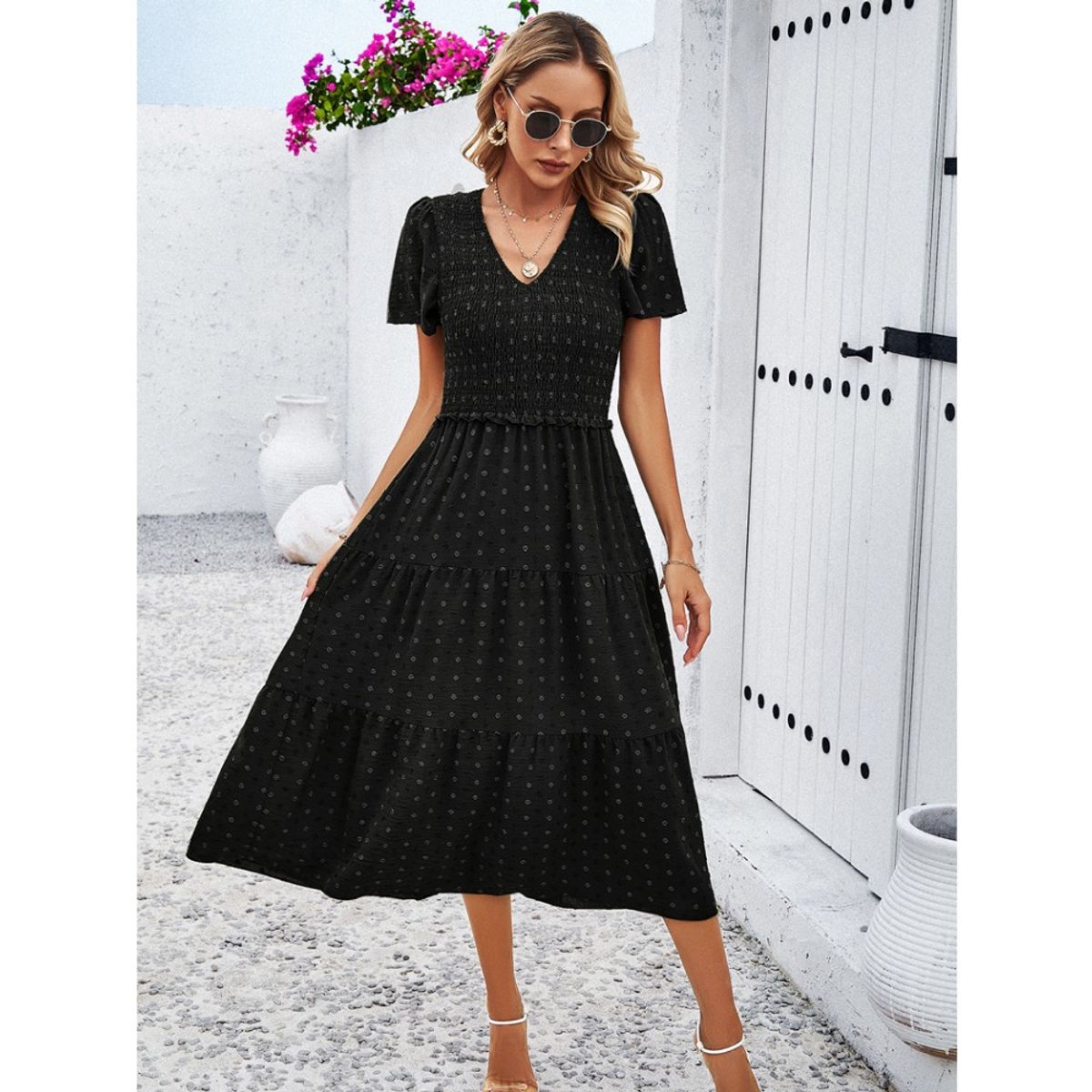 GIOIO - Vestido Lunares Escote V Manga Corta Casual Elegante Figura Esbelta​