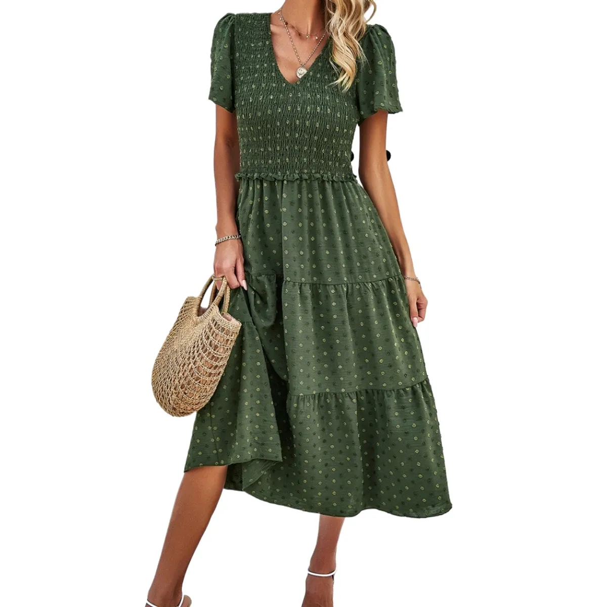 GIOIO - Vestido Lunares Escote V Manga Corta Casual Elegante Figura Esbelta​