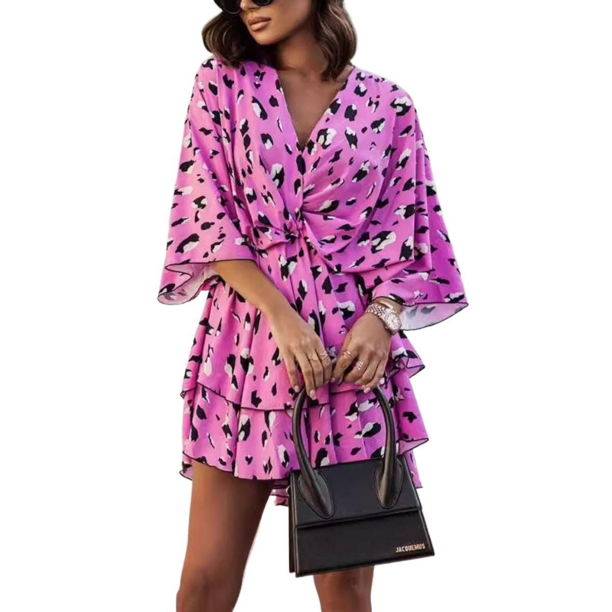 GIOIO - Vestido Corto Estampado Escote V Manga Murciélago Cintura Ajustada​