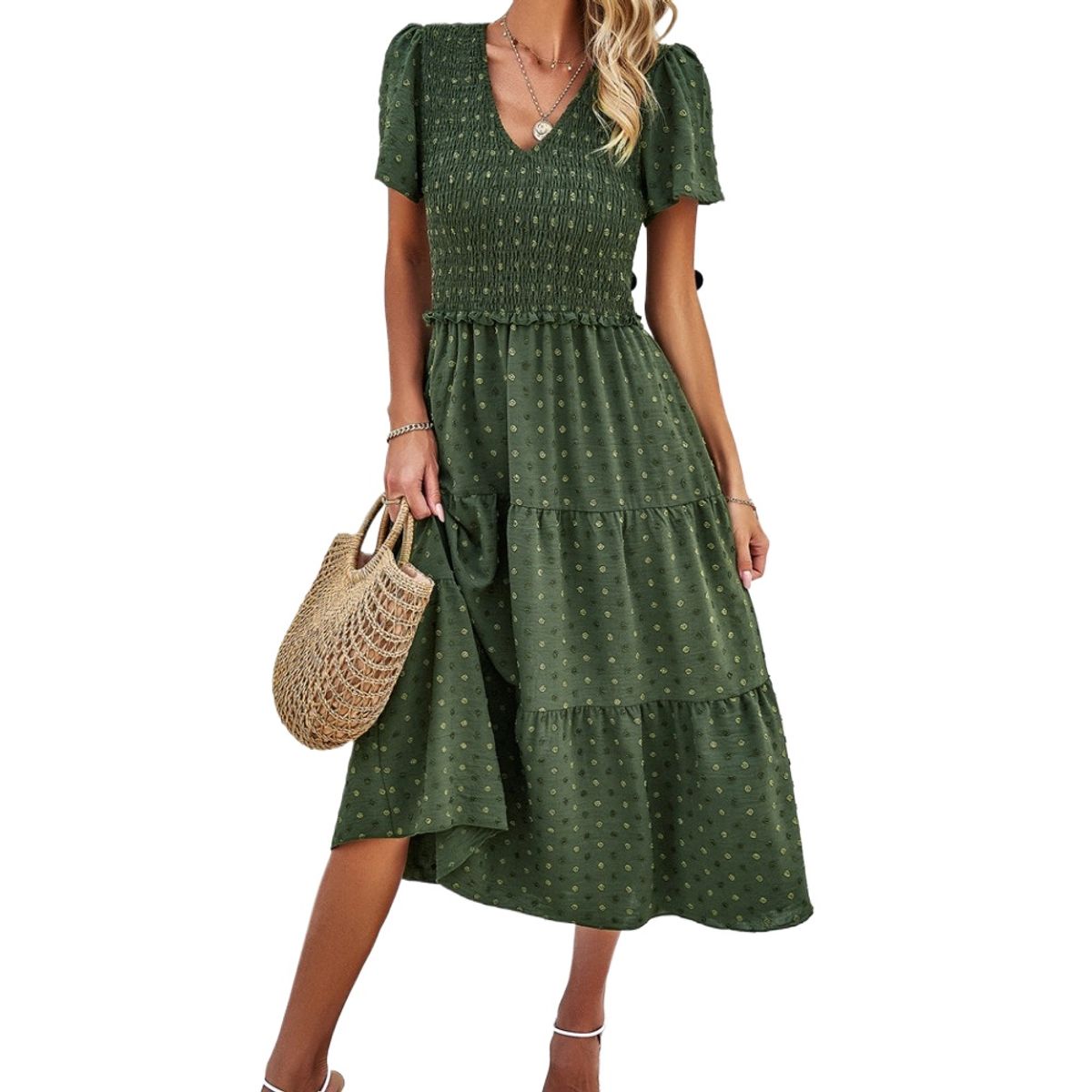 GIOIO - Vestido Lunares Escote V Manga Corta Casual Elegante Figura Esbelta​