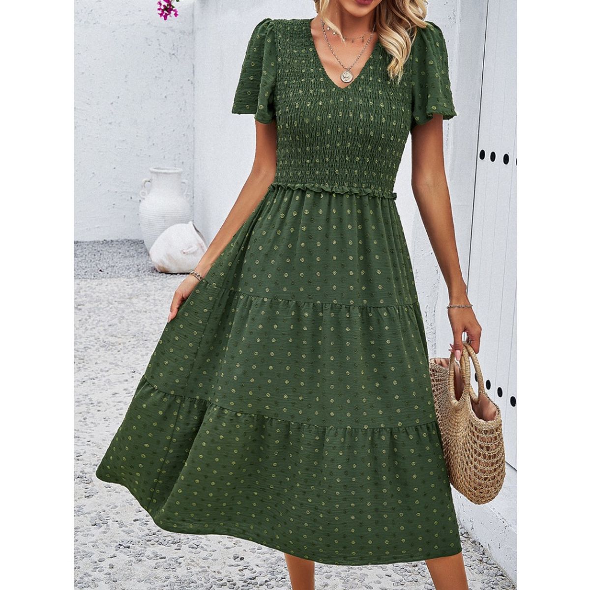 GIOIO - Vestido Lunares Escote V Manga Corta Casual Elegante Figura Esbelta​