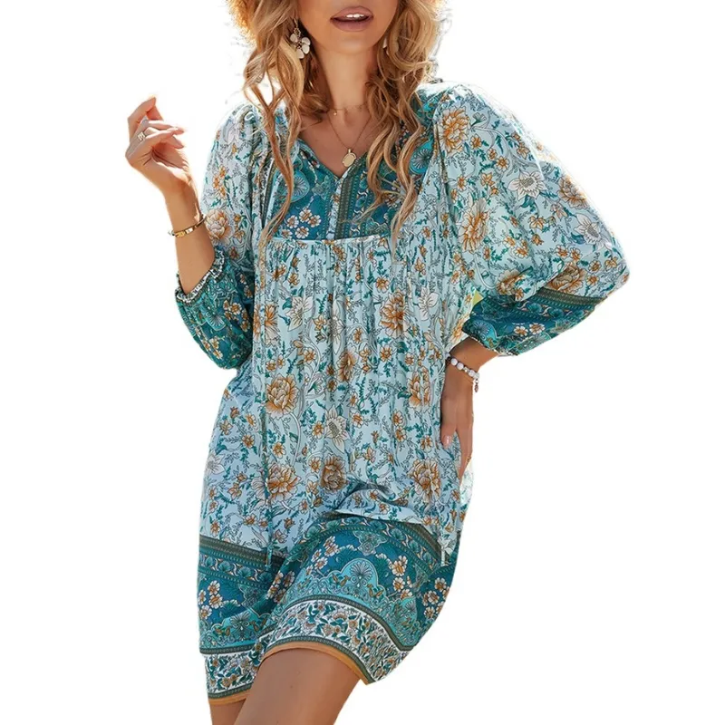 GIOIO - Vestido Vacaciones Estampado Escote V Casual Figura Esbelta​ Verde