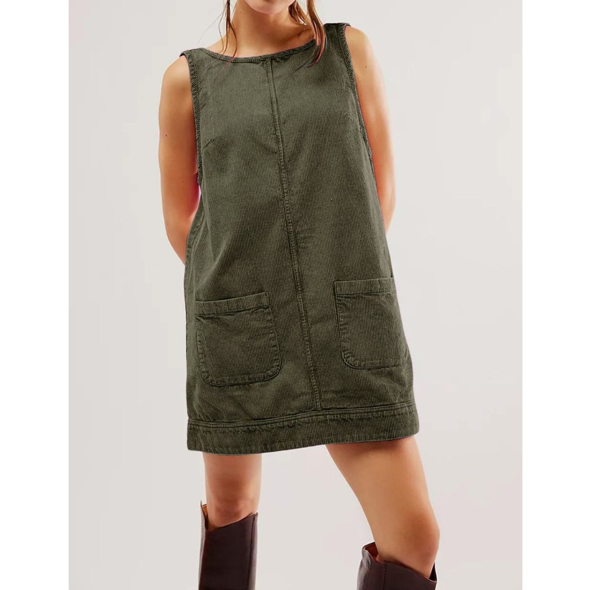 GIOIO - Vestido Pana Sin Mangas Urbano Casual Figura Esbelta​ Verde
