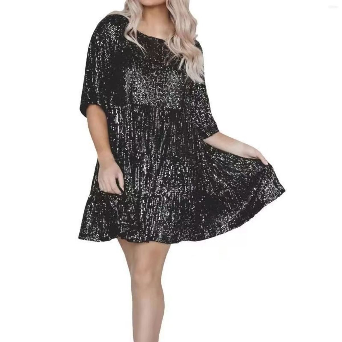 GIOIO - Vestido Lentejuelas Cuello Redondo Fluido Manga Corta Urbano​ Negro