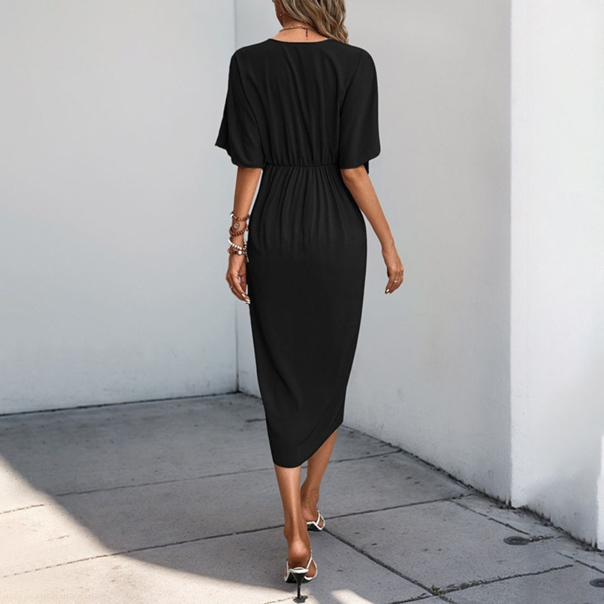 GIOIO - Vestido Liso Asimétrico Manga Raglán Minimalista Urbano Cita​ Negro