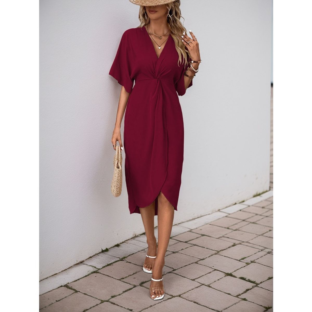 GIOIO - Vestido Liso Asimétrico Manga Raglán Minimalista Urbano Cita​ Rojo