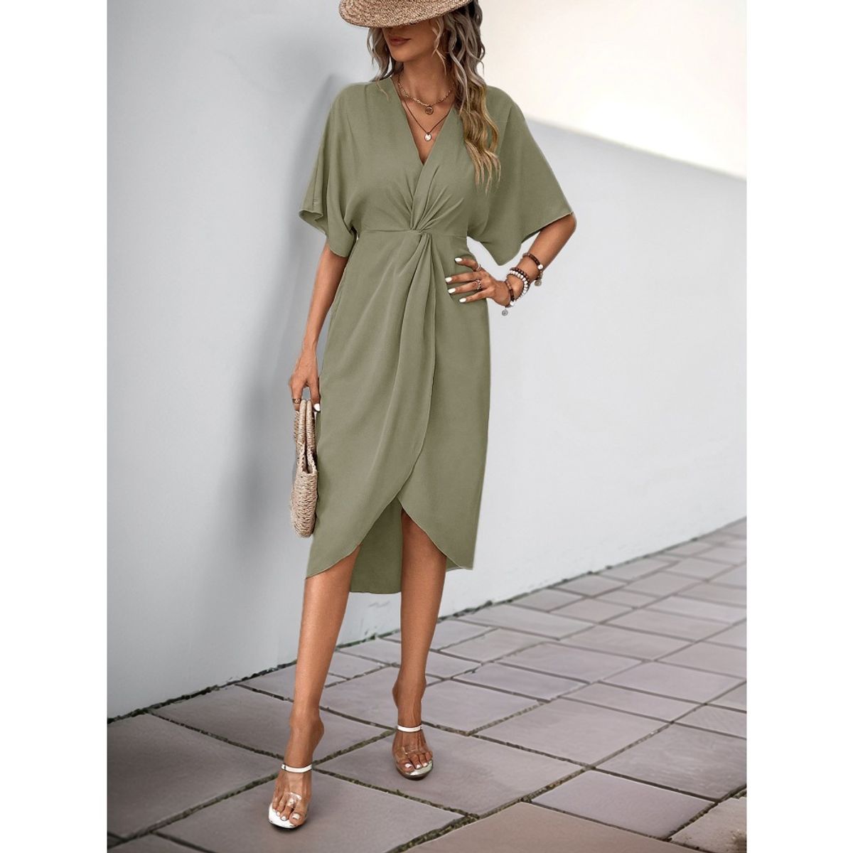 GIOIO - Vestido Liso Asimétrico Manga Raglán Minimalista Urbano Cita​ Verde