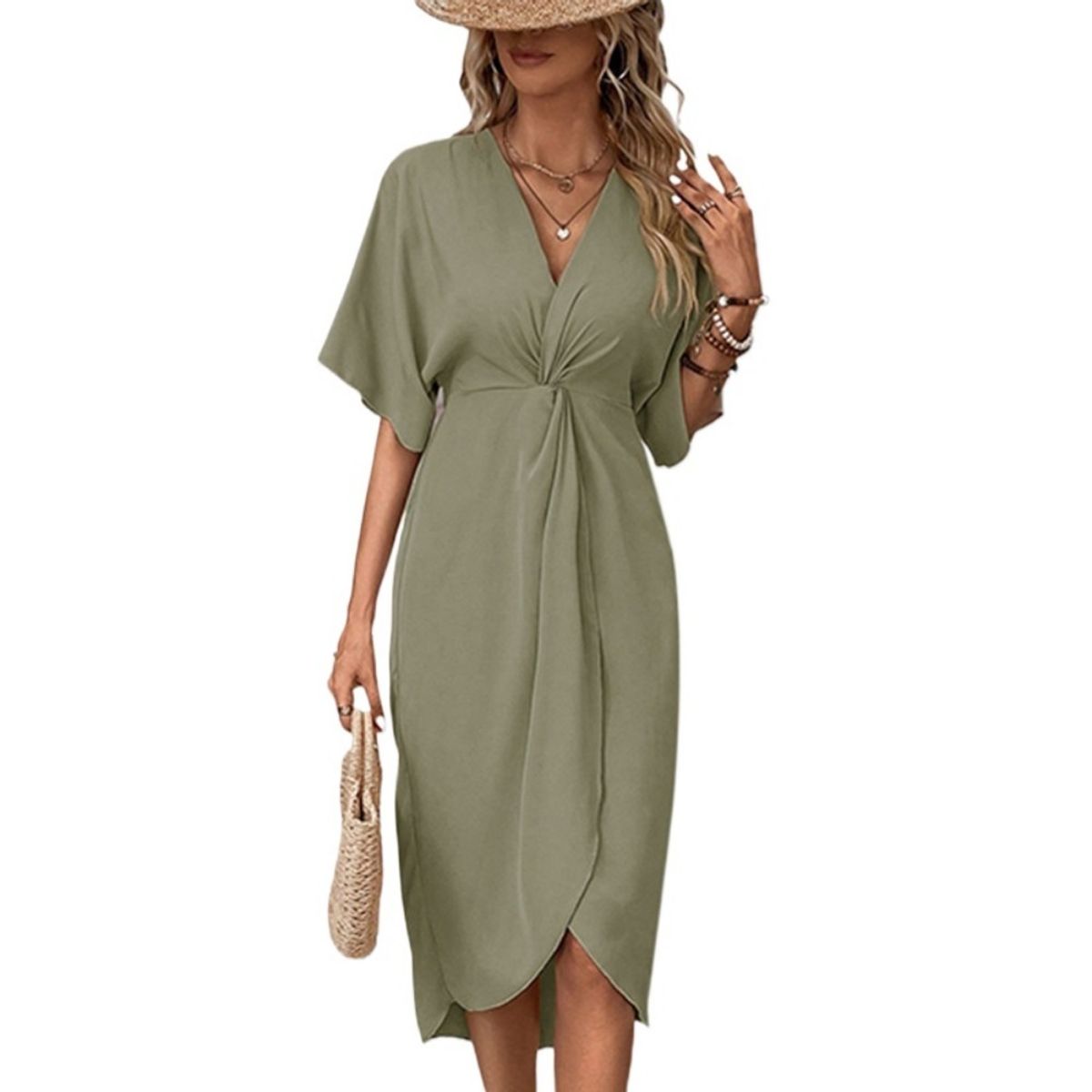 GIOIO - Vestido Liso Asimétrico Manga Raglán Minimalista Urbano Cita​ Verde