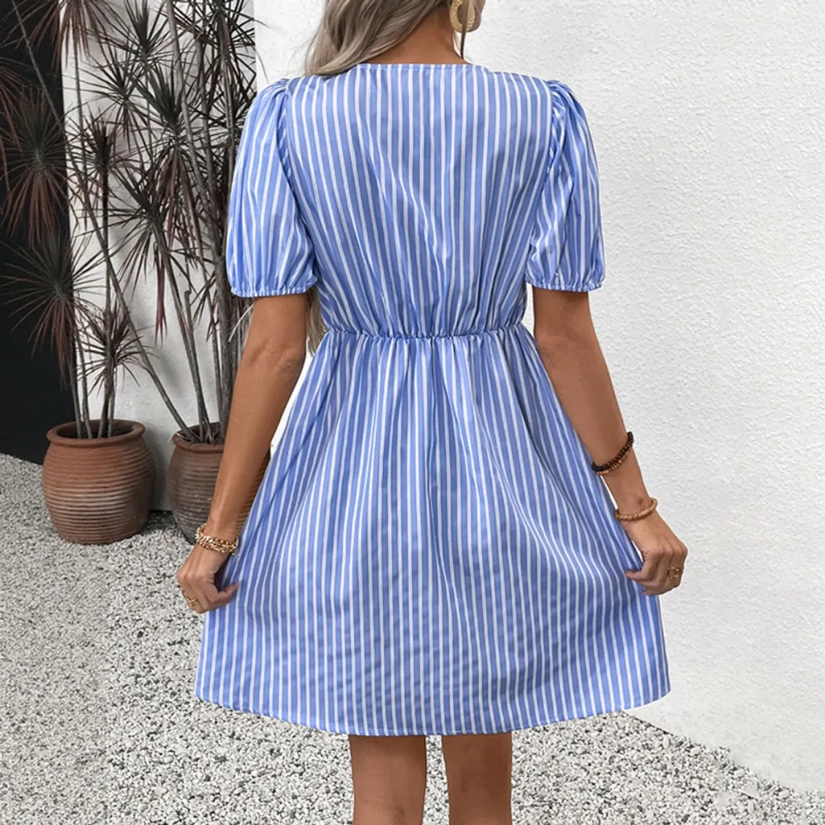 GIOIO - Vestido Rayas Retro Cuello Redondo Lazo Elegante Estilo Occidental​